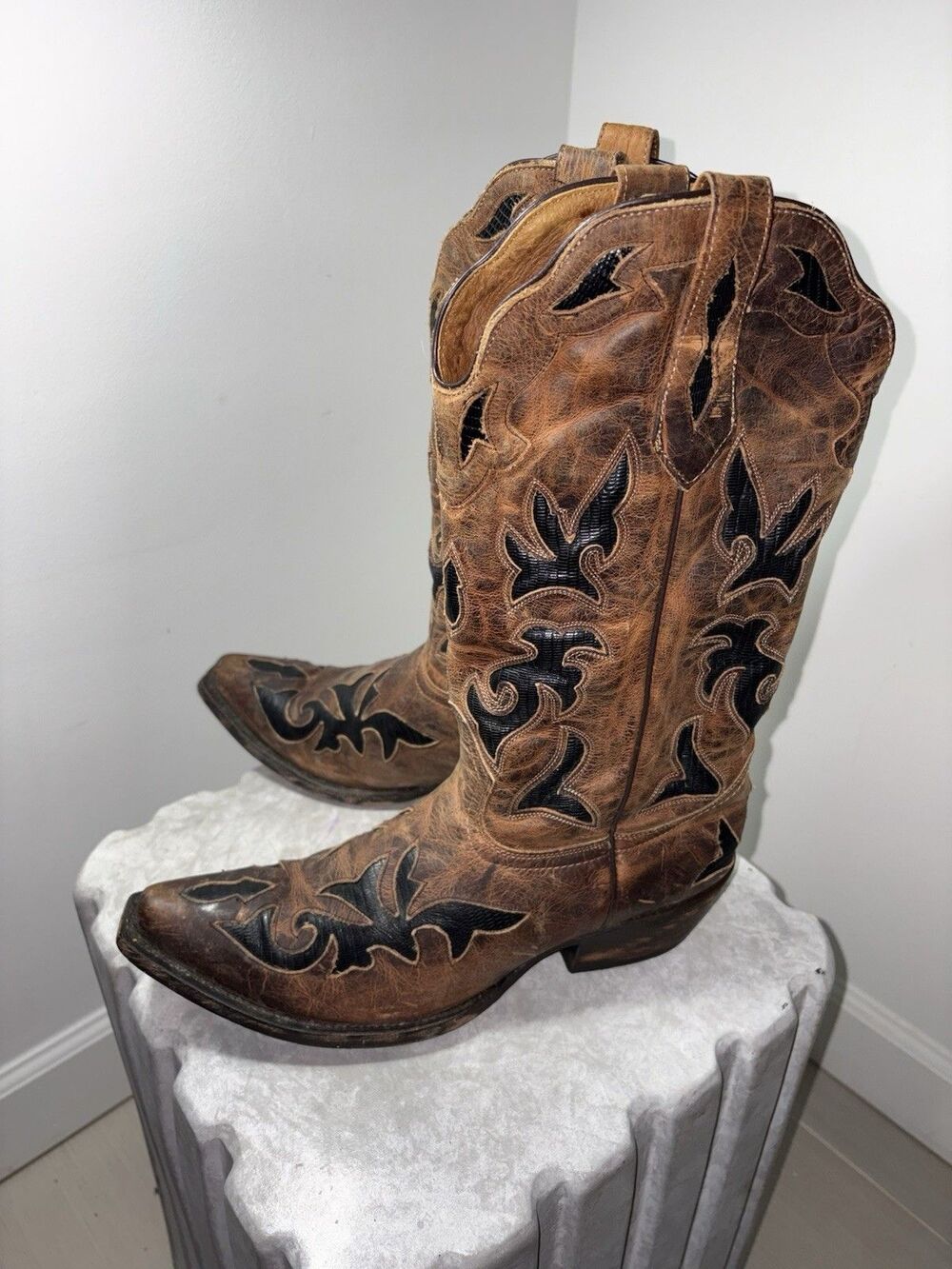 Johnny Ringo Brown Leather Black Lizard Inlay Snip Toe Boots Sz 9.5 B